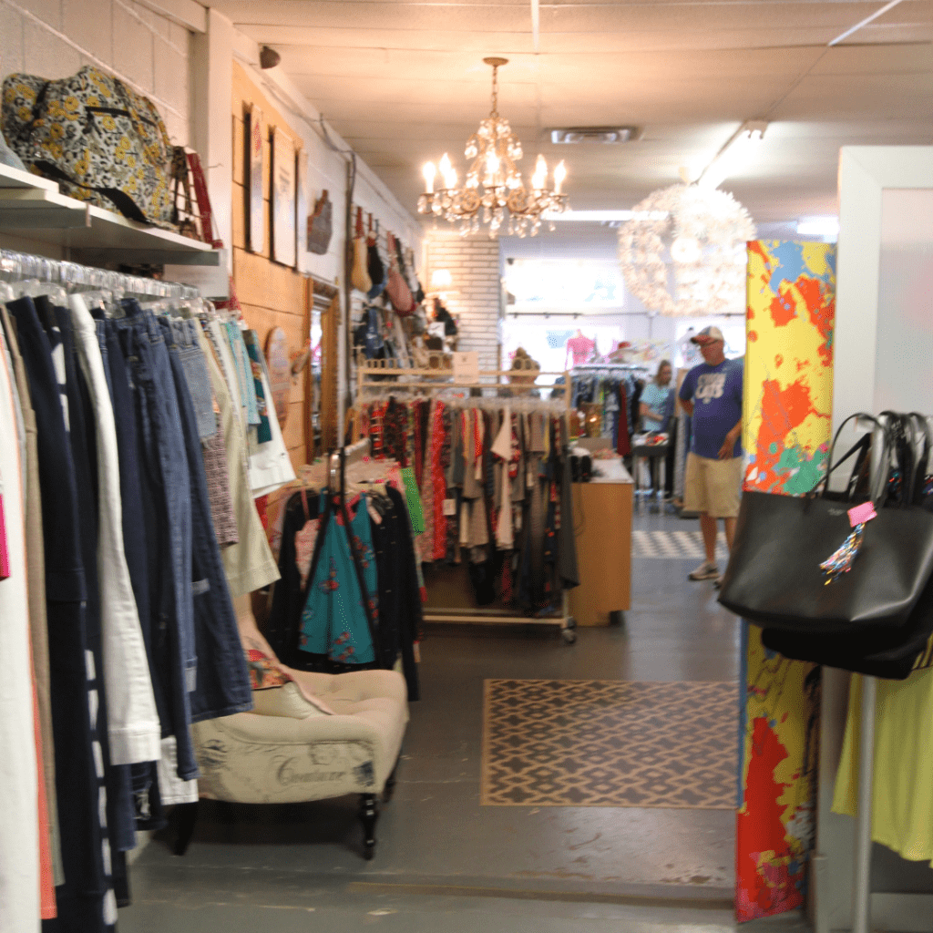 Clothing racks inside the Letcher County Kentucky based business. The consignment store is solar powered and energy efficient