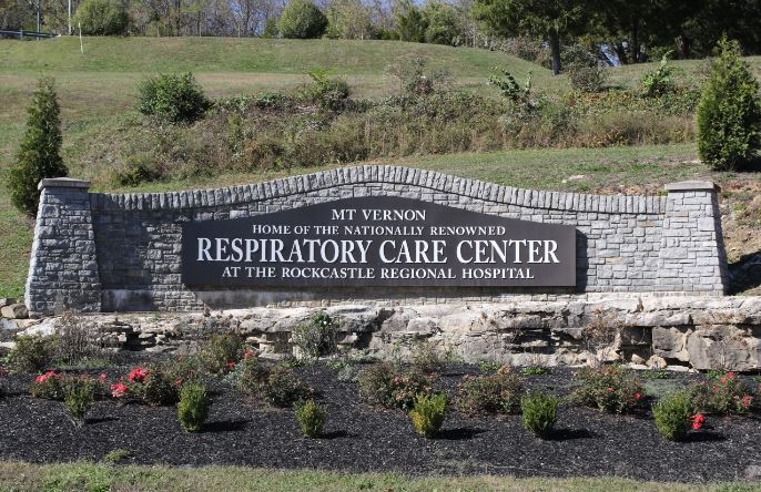 A brick sign for Mount Vernon's Rockcastle Regional Hospital Respiratory Care Center. The rural hospital is solar powered and innovative