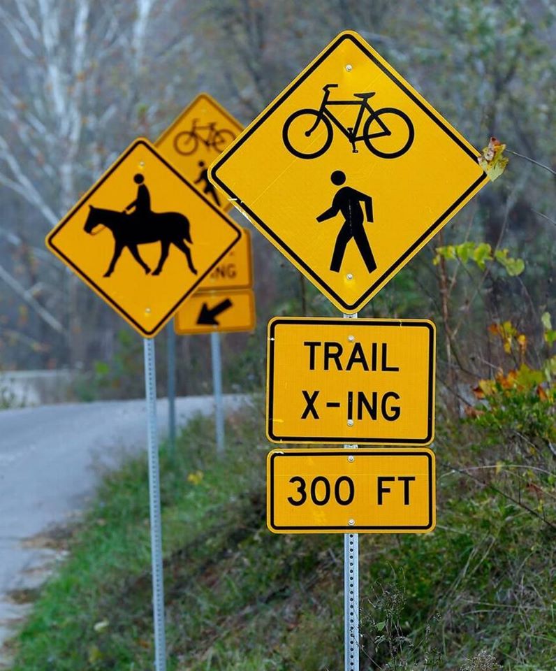 Signage for horseback riding, hikers, and cyclists on the Royalton Trail town in Magoffin County, in Eastern kentucky. 