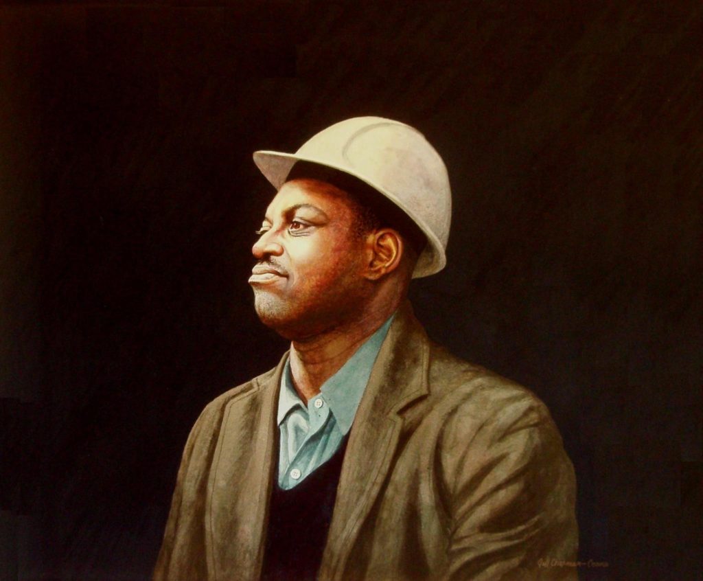 A painting by Jeff Chapman crane shows a black coal miner. Jeff is an Appalachian artist in Letcher County. Eastern Kentucky artists get support