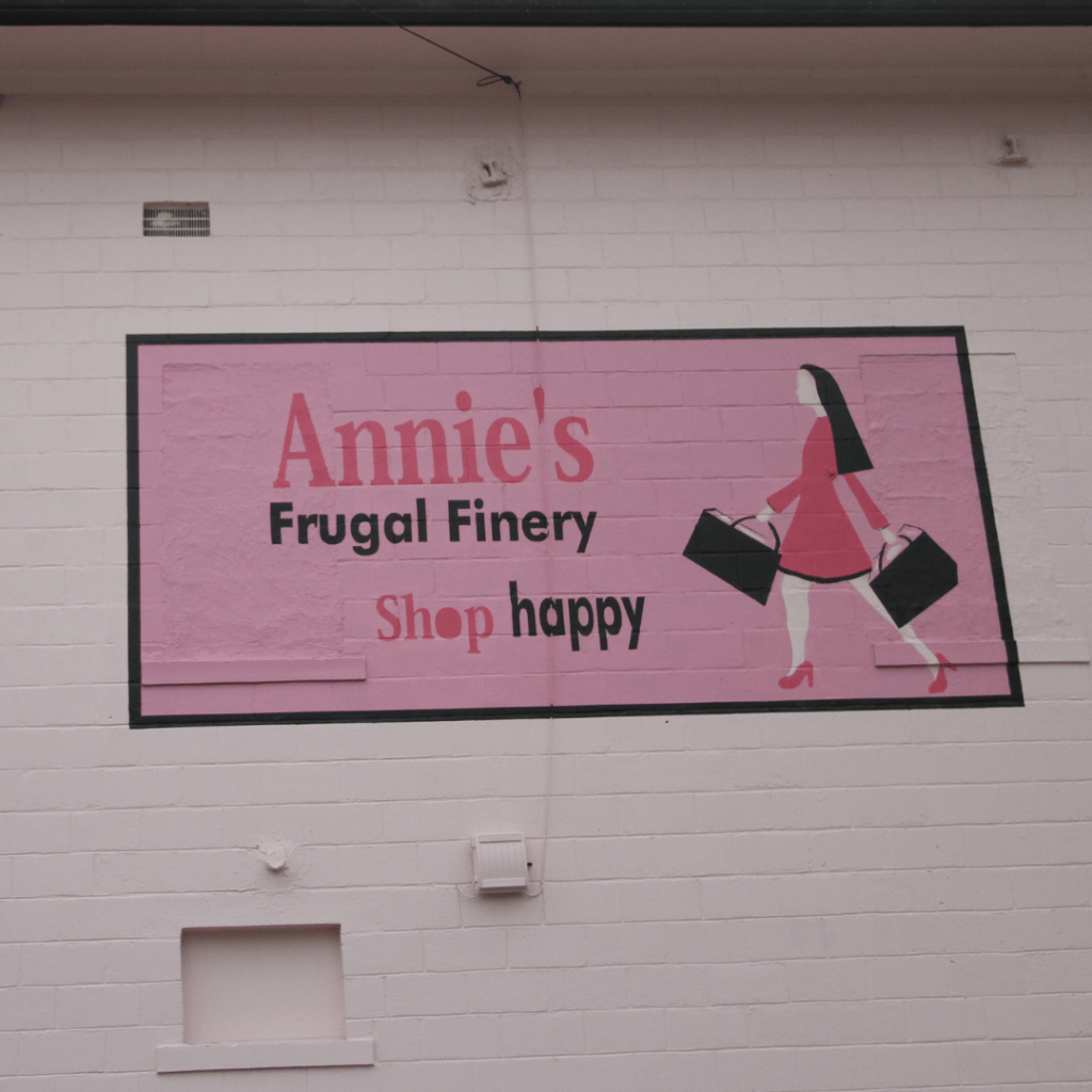 The pink wall outside Annie's Frugal Finery. The Letcher County, Kentucky, store is solar powered and energy efficiency.