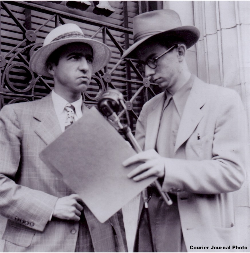 An old photo of Hugh Dunbar with then WKIC news director Paul Combs broadcasting the Man on the Street program in 1948 in Hazard