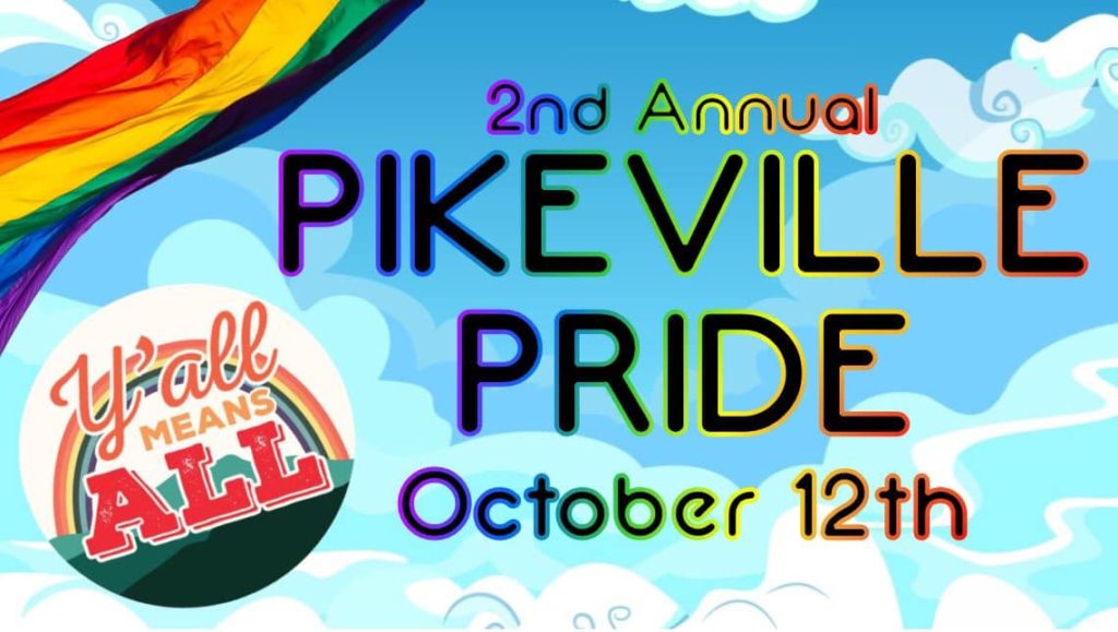 The text flyer for PIkeville Pride event includes a rainbow and cloud imagery.