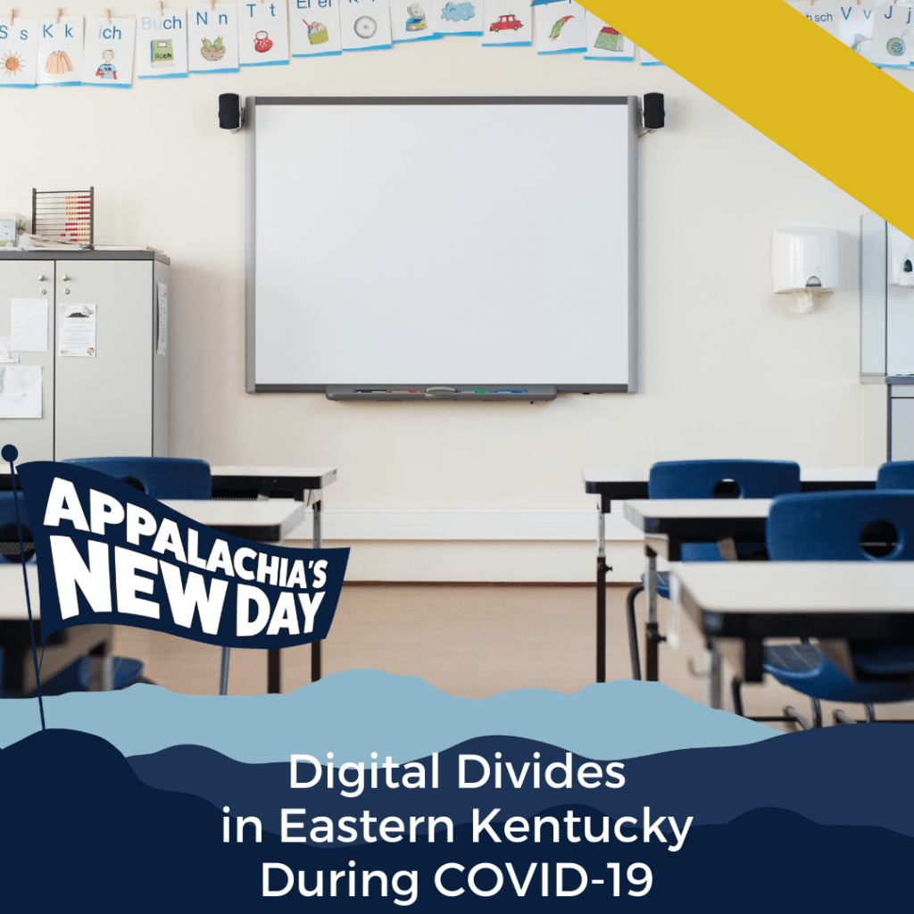 An empty classroom is shown as school is canceled in eastern kentucky due to covid-19. Many rural kids do not have access to broadband