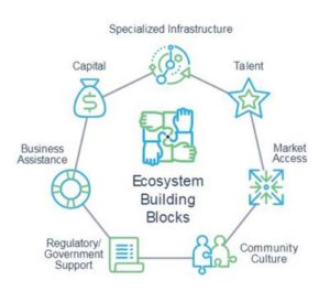 entrepreneurial ecosystem building blocks infographic. maced helps work on all these pieces of a new economy