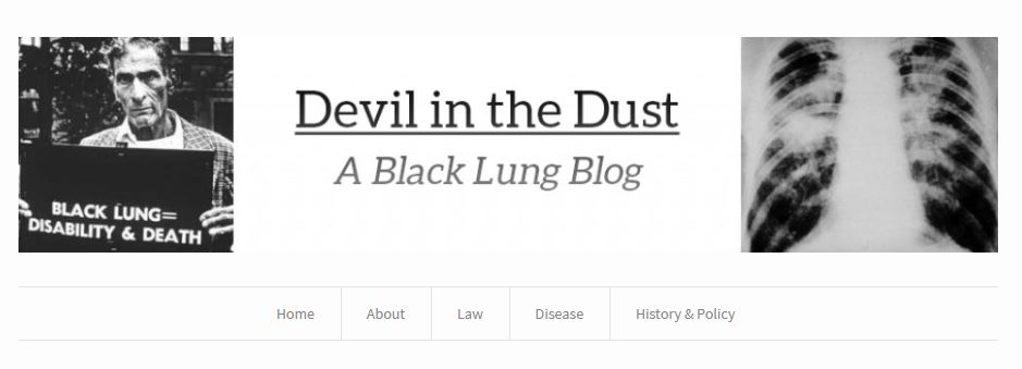 A screenshot of the devil in the dust blog. The blog is about black lung in eastern kentucky and appalachia to help advocate for benefits