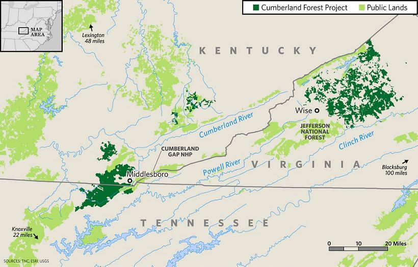 A map of Kentucky, Tennessee and Virginia depicts the acreage of the cumberland forest project and nearby public lands