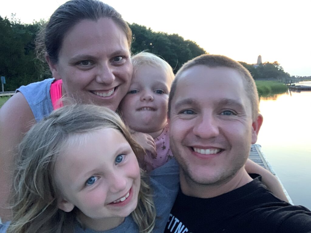 Will Stevens is pictured with his wife and two kids in Grayson, Kentucky, where goose bridle coffee is located.