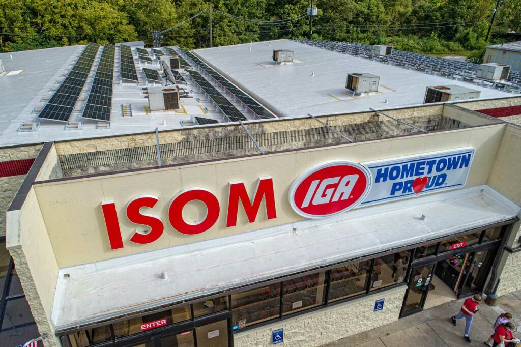 The roof of Isom IGA in letcher county with solar panels