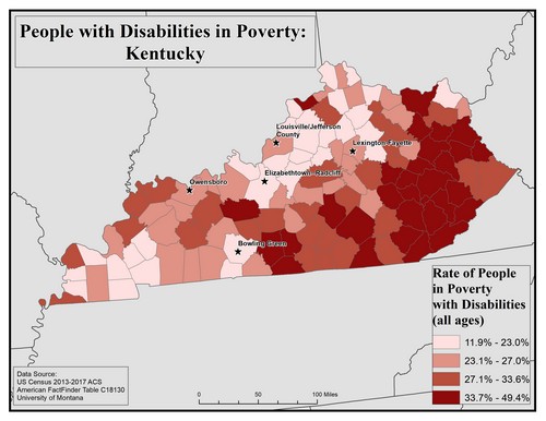 A map of kentucky shows how there are more people in poverty with disabities in eastern kentucky