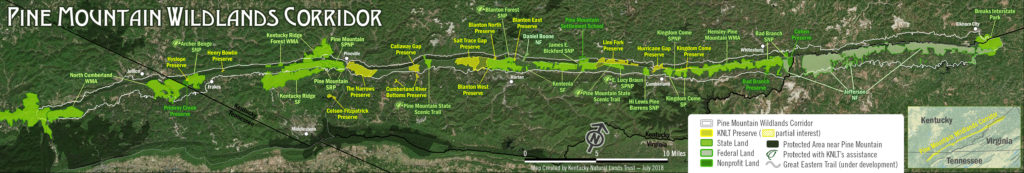 A map of the Pine Mountain Wildlands Corridor in southeastern kentucky. The trails help bring more tourism for eastern kentucky