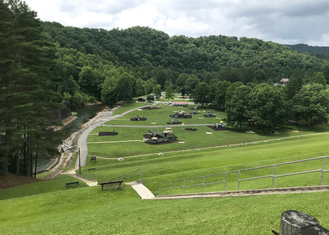 The grassy slopes in the park near Jenny Wiley's Dewey Lake in eastern kentucky. the lake is a drawl for tourists to appalachia kentucky