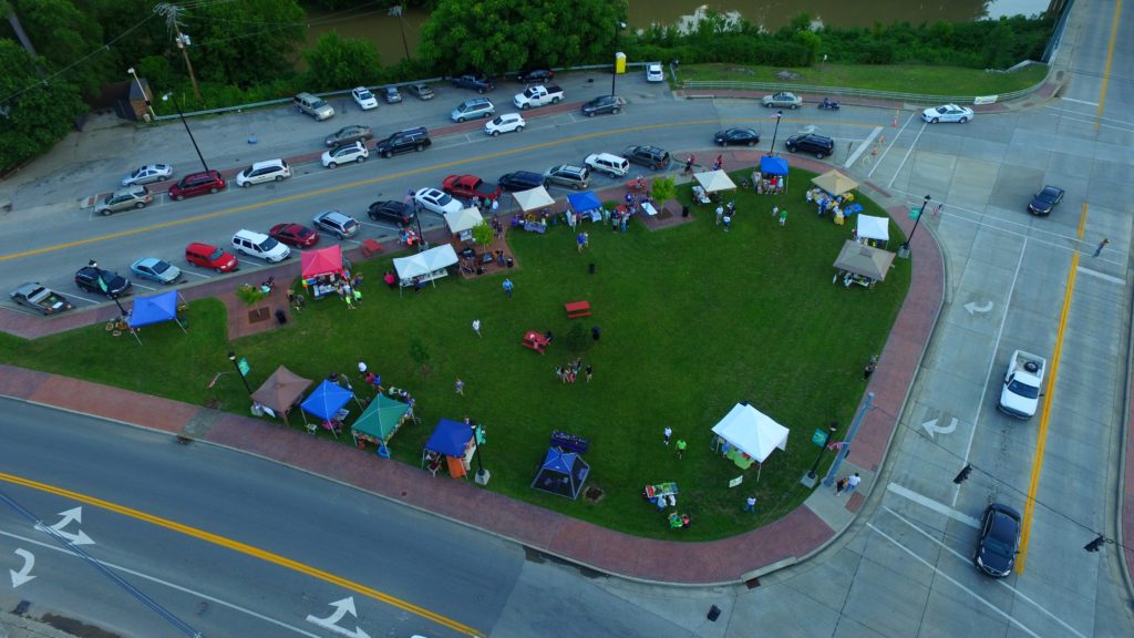 An aerial shot of Thursdays on the Triangle, held each week during the summer in downtown hazard. North fork music festival also happens here
