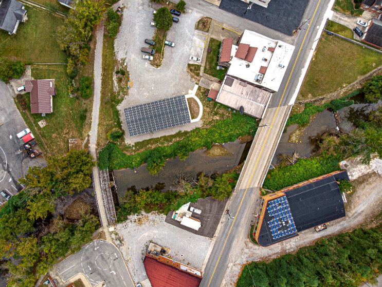 Solar panels on the roof of Appalshop in Whitesburg, Kentucky. The panels help the media organization save money