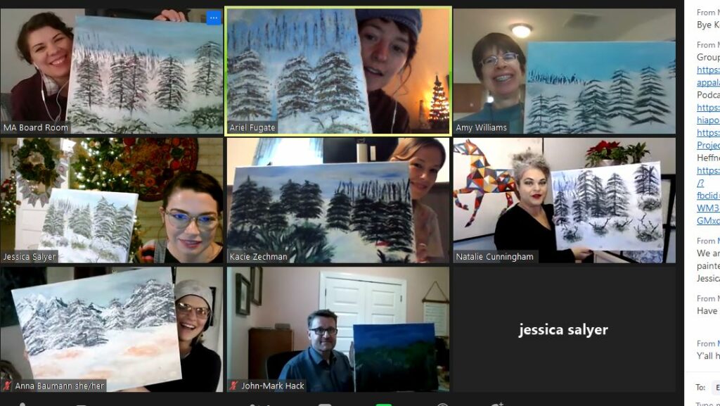Several people are depicted holding painting during a zoom meeting through art positive project.