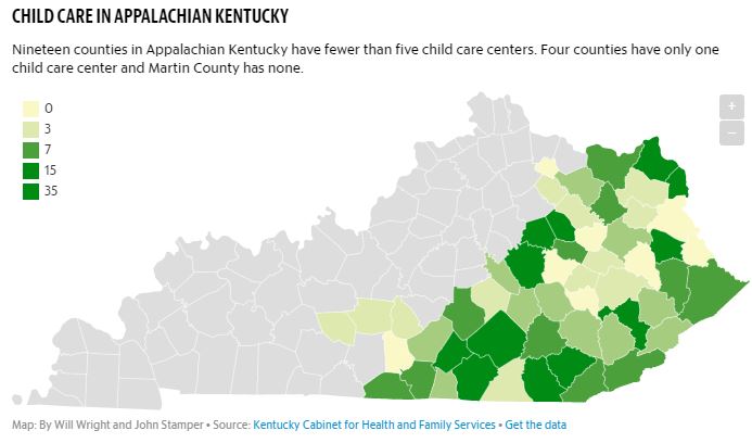 A graphic showing the lack of child care centers in most eastern kentucky counties.