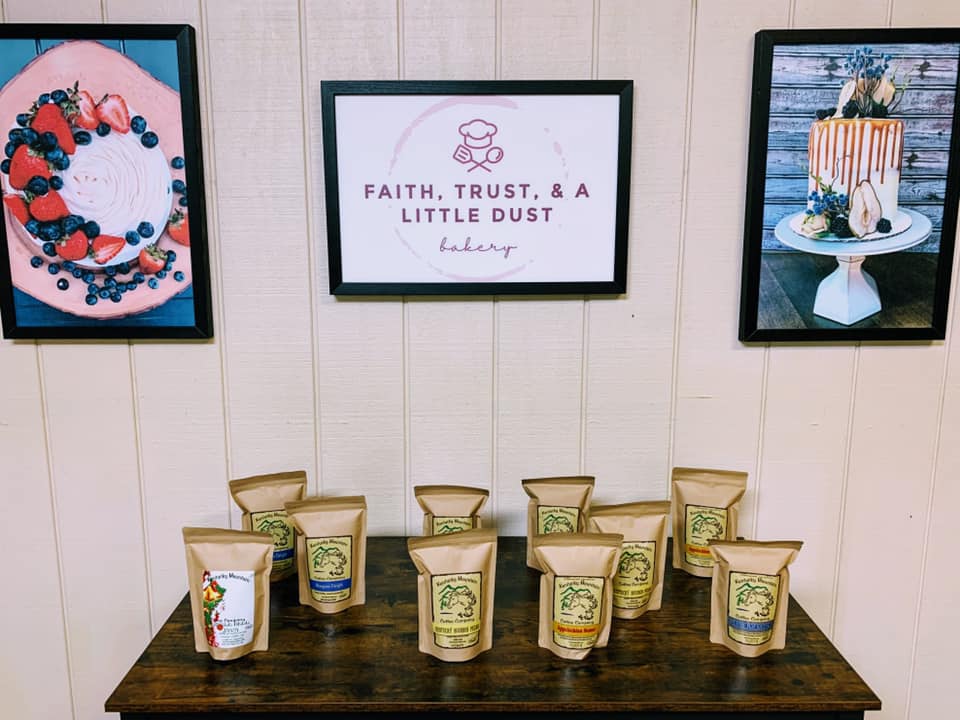 Coffee sits on a table inside of the storefront for Faith, dust and a little trust in  Prestonsburg, Kentucky.