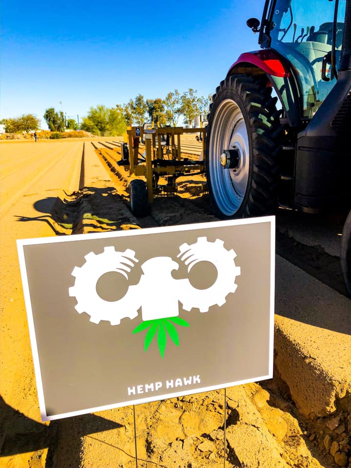 A hemp hawk sign in a field. The machines are sold across the country, but the company is headquartered in Winchester, Clark County