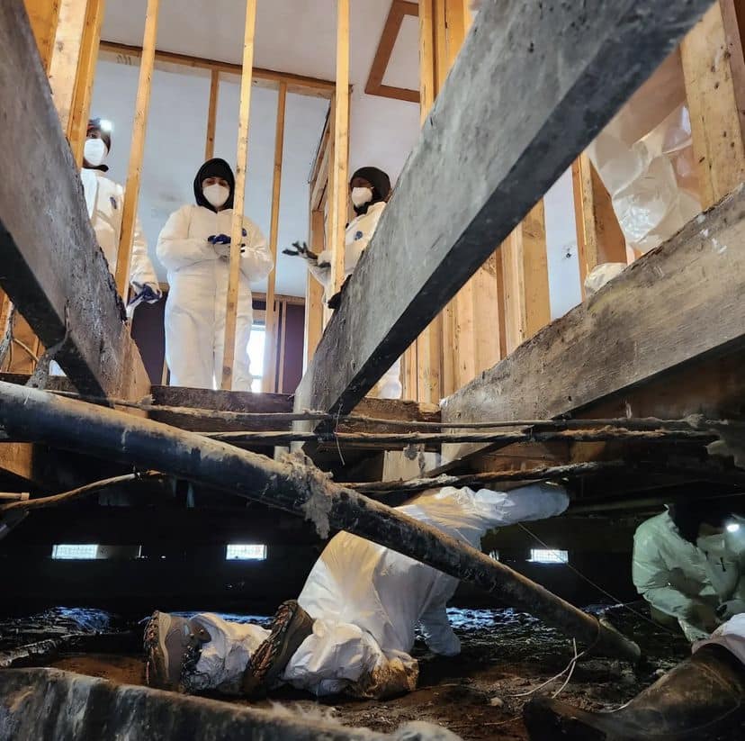 A group of people in hazmat suits clean out a flooded home