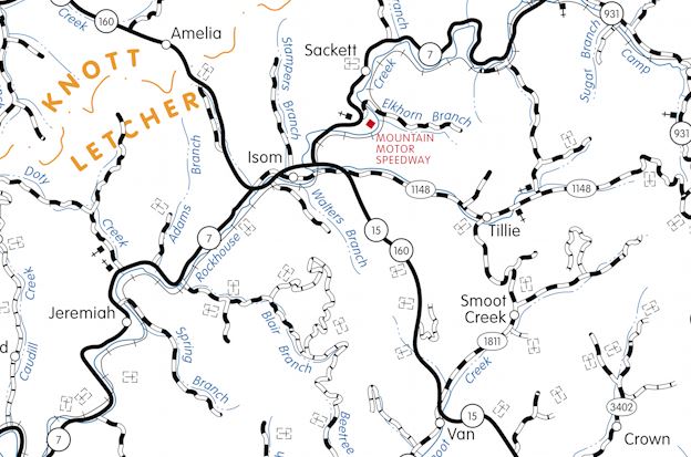 Isom Kentucky is at a crossroads in Eastern Kentucky. This map how its key location makes it a hub that serves a large part of the coalfields of southeastern Kentucky.