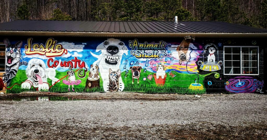 leslie county animal shelter mural painted by derek lewis featured images of dogs and cats in whimsical settings