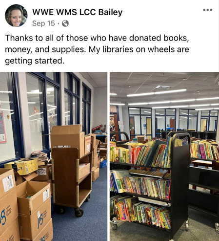 A facebook post from Sharie Bailey reads thanks to all those who have donated books, money and supplies. The photo shows libraries on wheels.