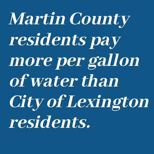 Text reads martin county residents pay more per gallon of water than city of lexington residents. Water infrastructure in east ky is an issue