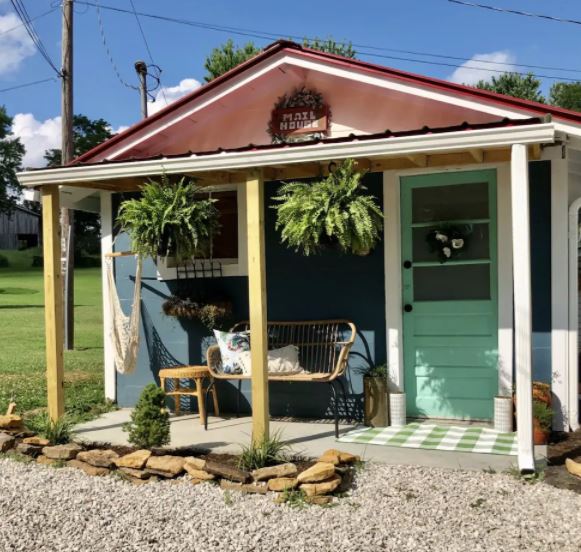 The front of the mail house, which is a solar-powered airbnb in the red river gorge, near campton, kentucky.