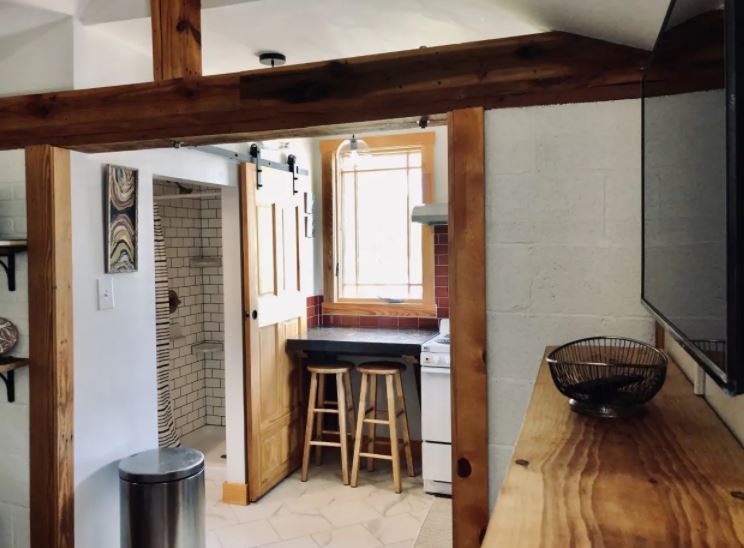 A view of the kitchen and shower area inside the old pine ridge post office near campton ky.