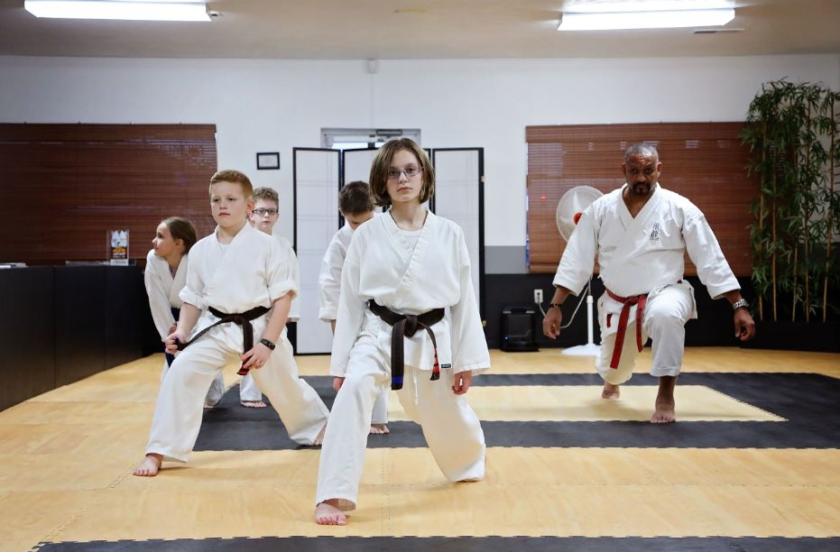 Students in a class at Gin Ryu Martial Arts Academy, a traditional karate school in Richmond, Kentucky owned by Dwayne Botts.