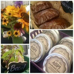 A photo collage of basil, sunflowers, bread and ASPI jewelweed salve taken at the rockcastle farmers market