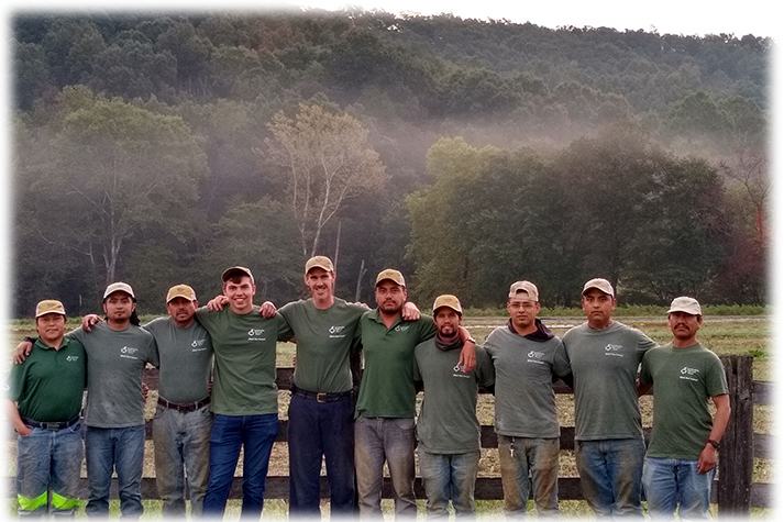 A group of people wearing matching shirts stand in front of a fence at Sustainable Harvest Farm