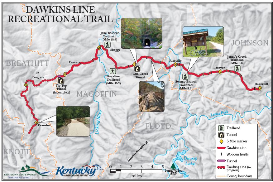 Map of Dawkins Line Rail Trail, a bike, walking path that goes through johnson, breathitt, floyd, magoffin counies in eastern kentucky