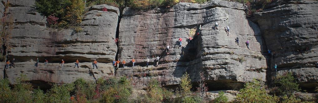 A group of climbers on the via Ferrata with Southeast Mountain Guides, a company based in the Red River Gorge, in Eastern Kentucky.