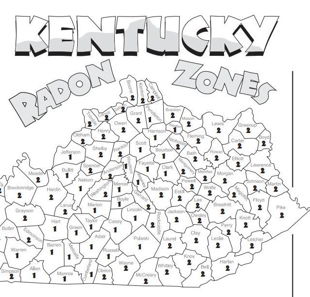 Kentucky Radon Zones graphic shows how each county ranks for radon gas. Eastern kentucky is higher than the central or western.